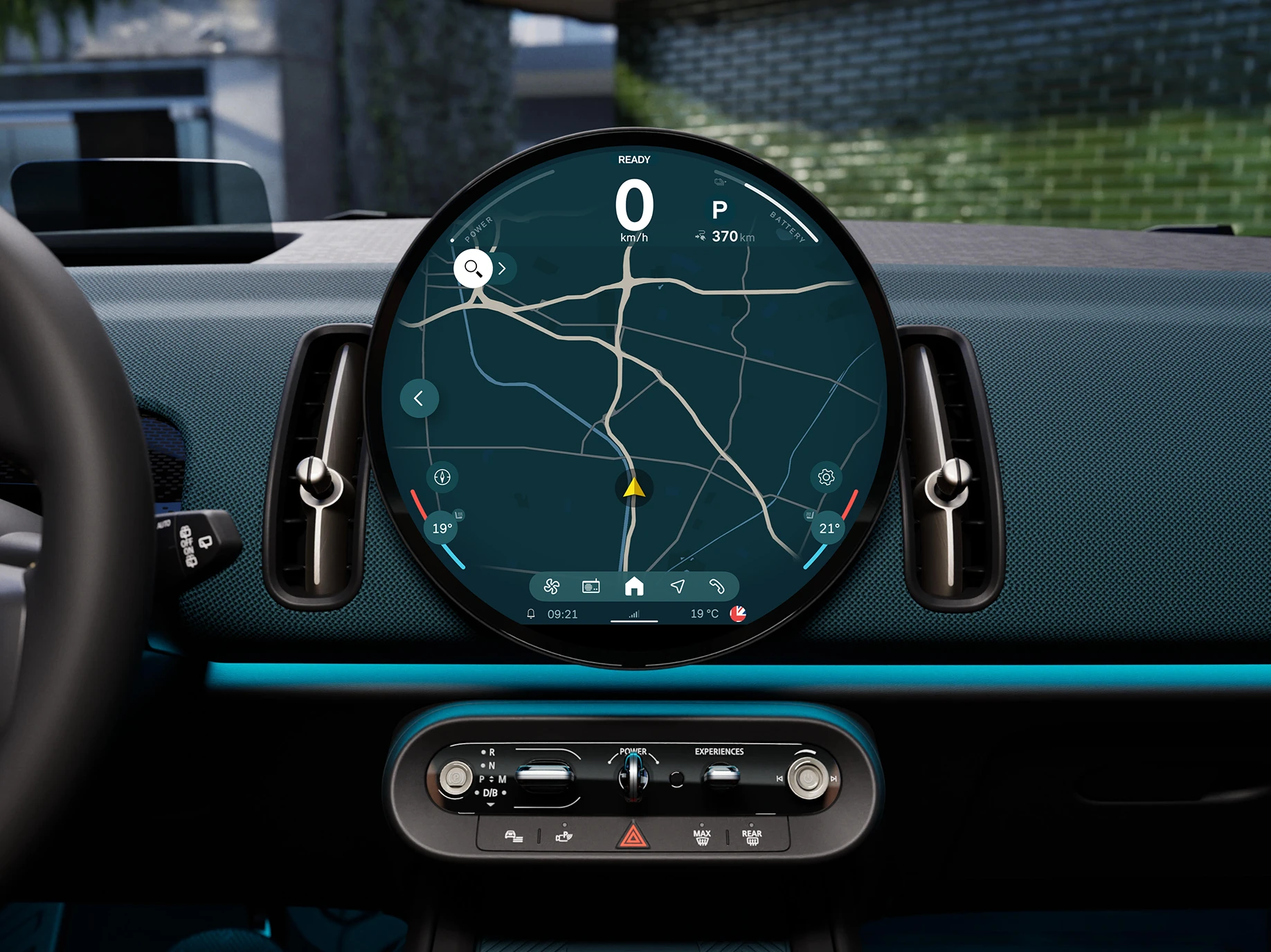 Detailansicht der Interaction Unit des vollelektrischen MINI Countryman mit Fokus auf Navigation.
