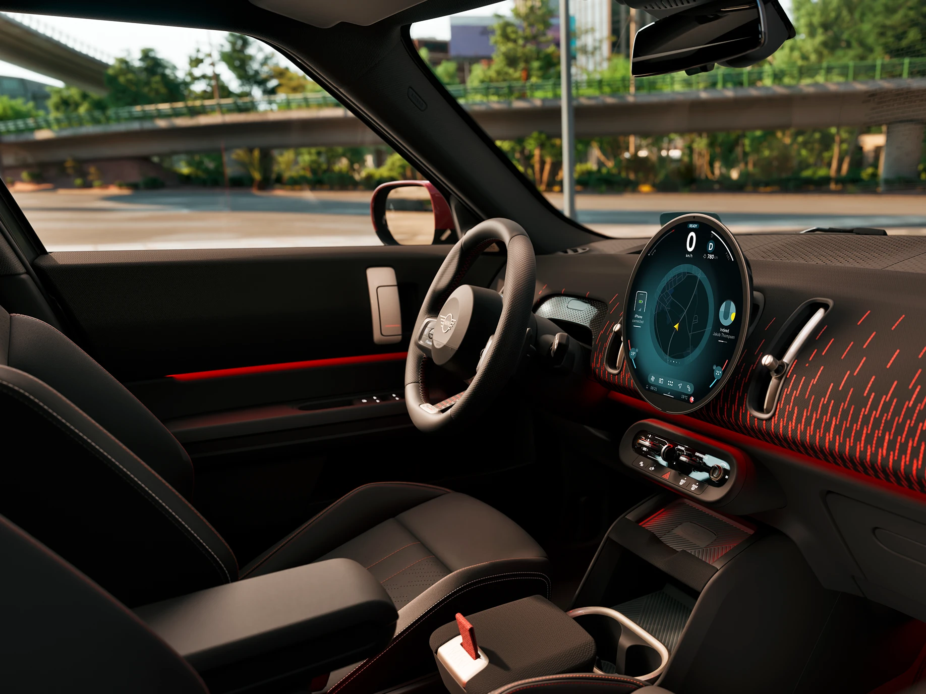Seitliche Innenansicht des MINI Countryman Armaturenbretts mit John Cooper Works Trim.