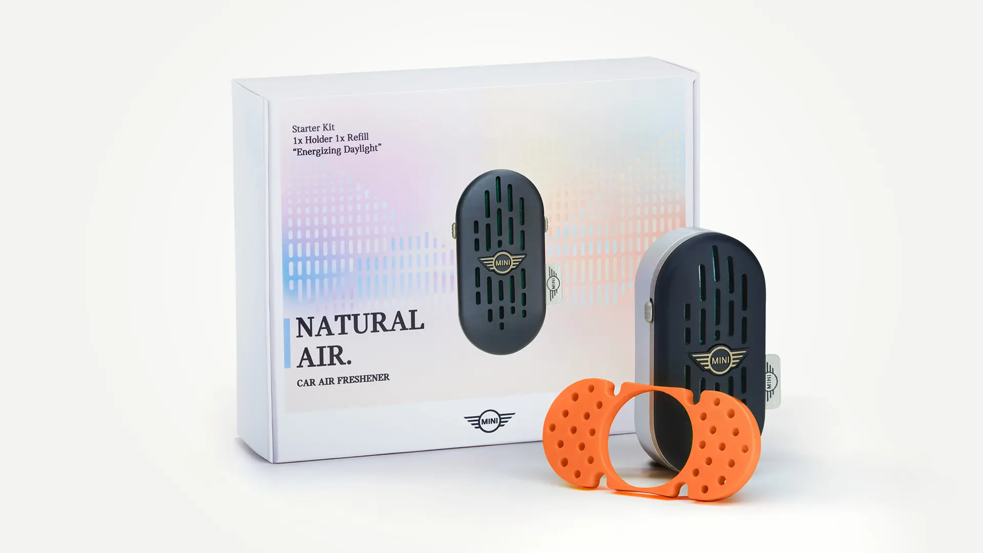 Packshot des MINI Natural Air Starter-Kits, die Aufnahme zeigt den Dufthalter und das Stäbchen.