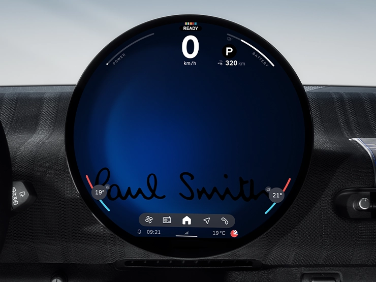 Detailansicht von Armaturenbrett und Bildschirm der MINI Paul Smith Edition.