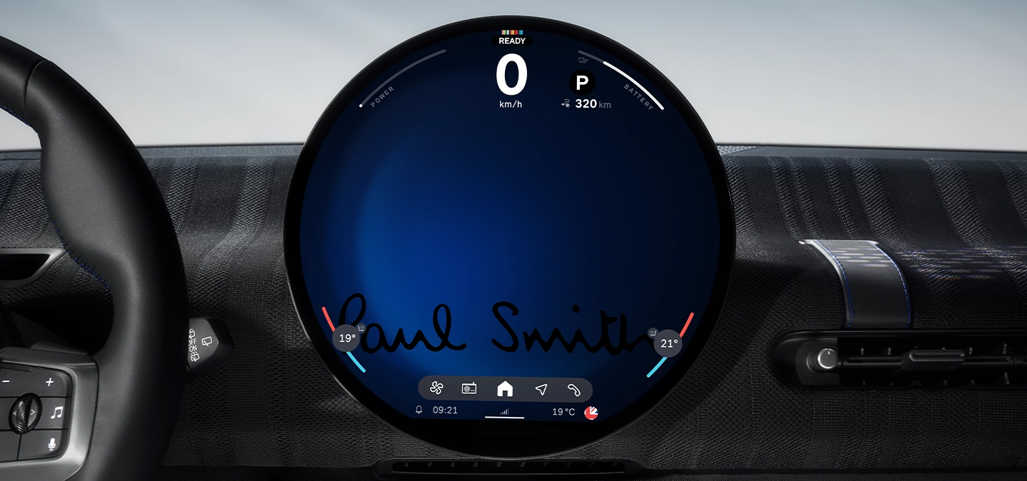Detailansicht von Armaturenbrett und Bildschirm der MINI Paul Smith Edition.